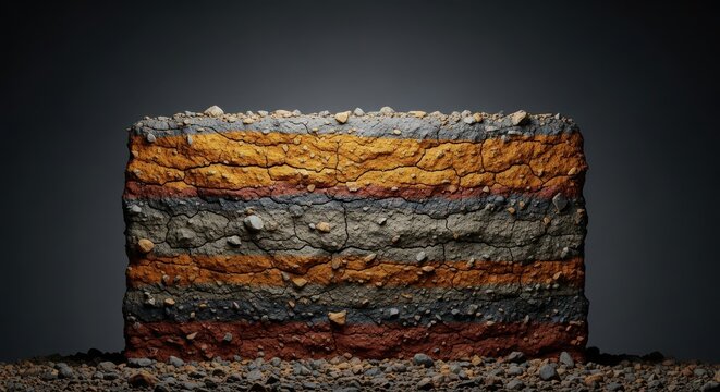 A rough textured wall of densely packed soil and earth, forming an imposing underground barrier or defensive structure against erosion or tunneling, sediment, structure, erosion