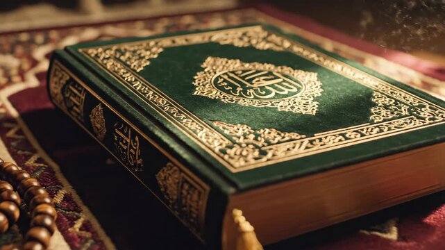 Sacred Quran and Tasbih Prayer Beads in a Serene, Candlelit Spiritual Setting