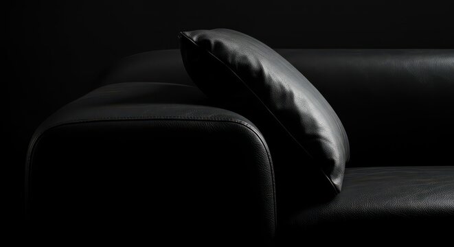 Dunkle Ledertextur eines Sofas in einem stilvollen Interieur. Sinnliche Stimmung erzeugt durch weiches Licht und elegante, verf&uuml;hrerische Formen, Raum, braun, Nahaufnahme