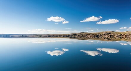 Fototapeta premium Serene natural waterscape featuring a vast, calm lake surface reflecting the expansive blue sky and distant rugged shore, highlighting tranquility, forest, deep, travel