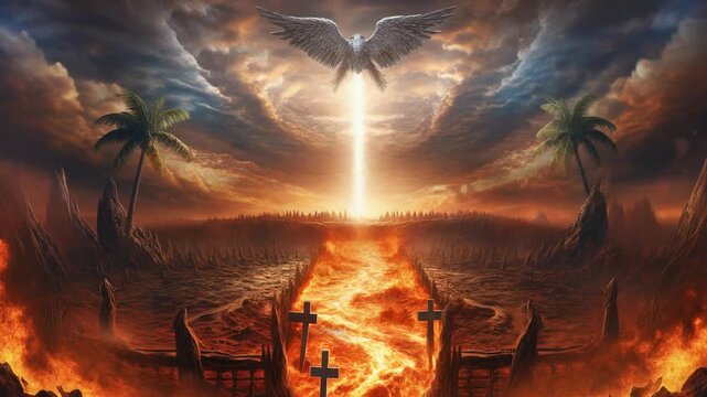 Heaven paradise above and fiery hell below. Religious theme concept.