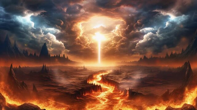 Heaven paradise above and fiery hell below. Religious theme concept.
