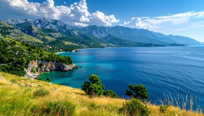 Fototapeta premium Coastline view blue ocean, green hills, mountains under blue sky