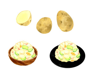 ポテトサラダとじゃがいものセット　料理・食べ物の手描き水彩イラスト素材
