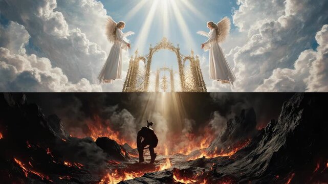 Heaven paradise above and fiery hell below. Religious theme concept.