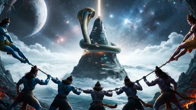 Samudra manthan, the churning of the cosmic ocean by gods and demons for the elixir of immortality.