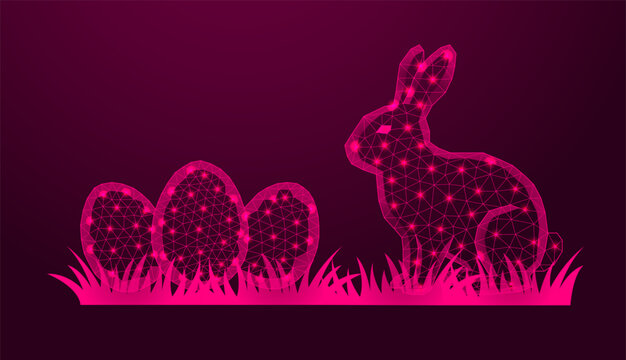Low poly wireframe easter bunny with eggs on dark pink background.
