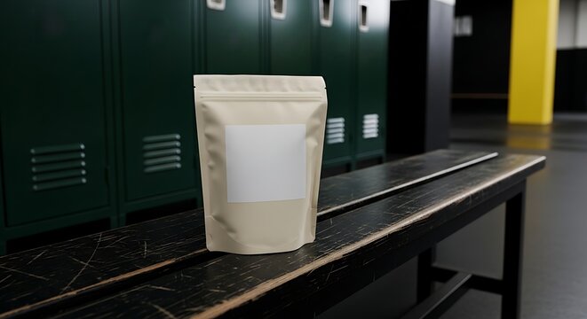 Blank white pouch on wooden bench in locker room. Packaging mockup for protein powder, supplement, or snack branding presentation.
