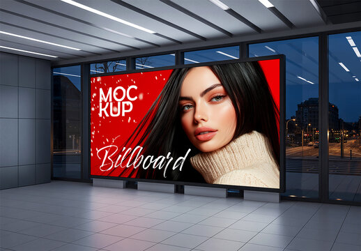 Indoor Digital Billboard Mockup with Fashion Portrait in Modern Lobby