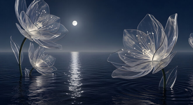 Massive translucent lilies with glowing filaments rise from the sea surface reflecting the light of a full moon in a clear night sky