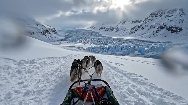 First-person POV dog sled descent in Greenland during light Arctic snowfall. Dogs pull through icy terrain as wind-blown snow streaks across the lens. Reduced visibility, moody overcast sky, dramatic 