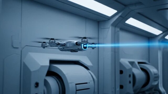 Futuristic Drone Flying in Industrial Facility.