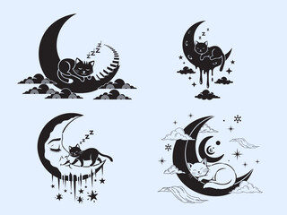 Dreamy Cats & Moons. Whimsical Celestial Sleep Illustrations - Black and White Vector Set