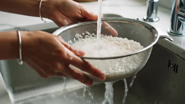 Hands rinsing white rice in a colander under running water in a kitchen sink
