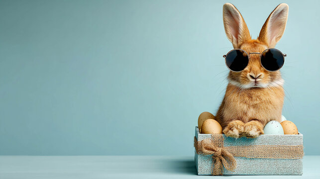A red rabbit wearing sunglasses is sitting in a gift box with decorative Easter eggs on a blue background. The concept of Easter, holiday, spring,.