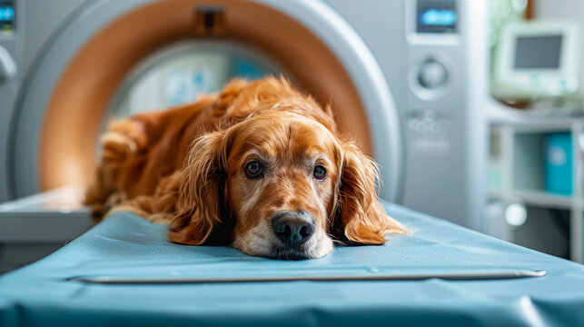 A golden retriever dog lies inside a tomograph during an examination at a modern veterinary clinic. The concept of veterinary medicine, diagnostics, and pet health care.