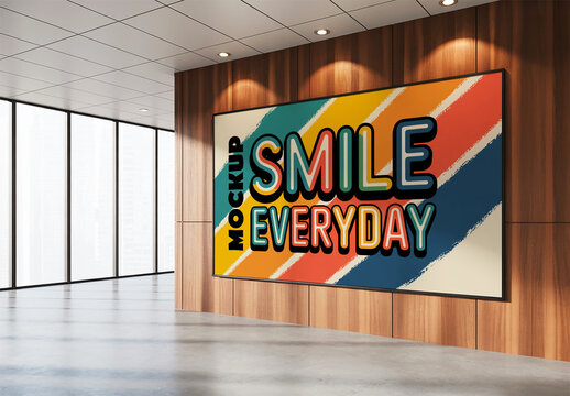 Motivational Retro Wall Sign Poster Mockup in Modern Office Lobby