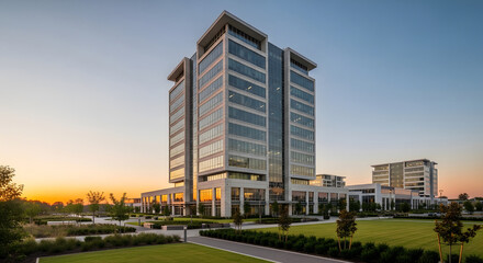 Highrise architecture at sunset casting warm golden light over sleek modern buildings