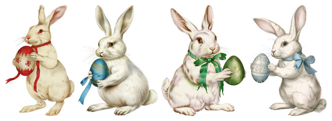 Obraz premium PNG Vintage rabbits holding colorful eggs on transparent background