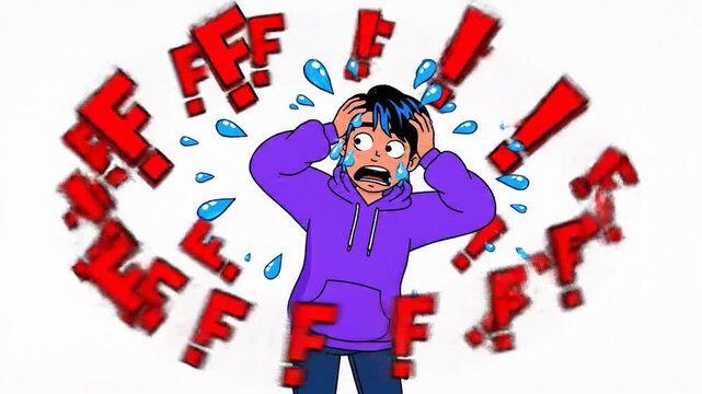 Cartoon person distressed, surrounded by red exclamation marks and Fs, with blue water drops