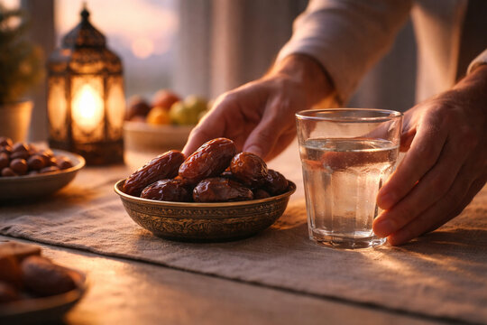 Hands placing dates and water on a table with a lit lantern, preparing for Iftar during Ramadan.