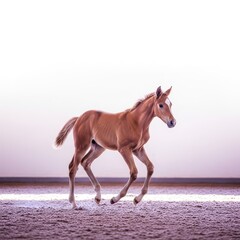 A young energetic foal exploring an outdoor equestrian arena, learning essential horsemanship skills under careful supervision, lead, rope, mane