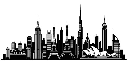 Obraz premium Iconic Global City Skyline Silhouette with Famous Landmarks, Isolated White Background