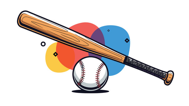 Professional wooden baseball bat and a leather baseball are illustrated against a modern background of overlapping colorful circular shapes.
