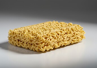 Isolated view of dry packaged meal noodles resting on a bright white surface, emphasizing convenience food preparation and quick cooking, packaged, ingredient, quick