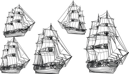 Vintage sailing ships vector illustration set, classic wooden pirate galleons engraving style, nautical maritime historic vessels line art collection © Rayhan