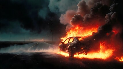 Car engulfed in flames on empty highway at night