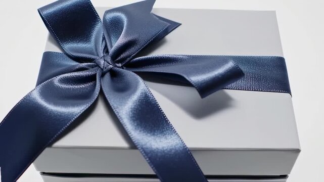 A gray gift box with a luxurious, dark blue satin ribbon bow tied on top