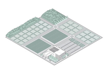 郊外の街並みのイラスト. アイソメ図で描いた都市.