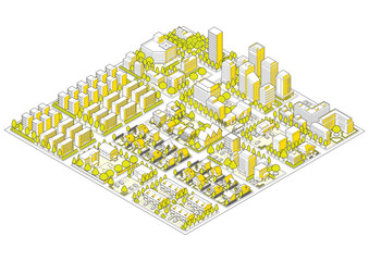 街並みの立体図. 都市の景観. アイソメ図で描いた都市.