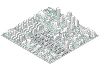 街並みの立体図. 都市の景観. アイソメ図で描いた都市.