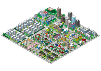 街並みの立体図. 都市の景観. アイソメ図で描いた都市.