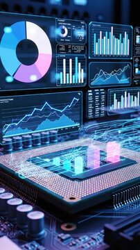 Digital bar graph rising from a computer chip with flowing data and neon colors