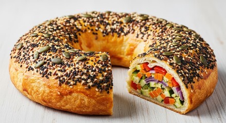 A savory baked vegetable ring pastry topped with various healthy seeds resting on a simple wooden surface. Focus on vegetarian dieting, closeup, eating, seeds