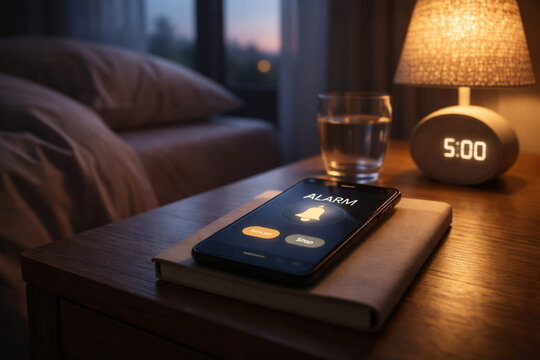 A smartphone displaying an alarm on a bedside table next to a digital clock showing 5:00 AM, a glass of water, and a glowing lamp.