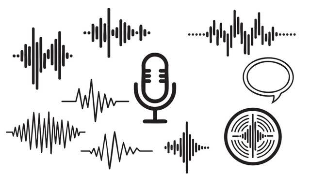 Collection of sound and voice waveform icons isolated on transparent background