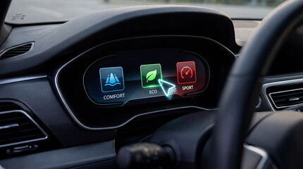 Fototapeta premium Digital Car Dashboard Displaying Comfort, Eco, and Sport Driving Modes
