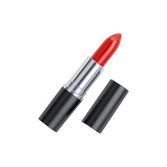 Obraz premium Classic red lipstick in metal tube with open cap, isolated on black background, cosmetic product