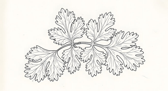 A black and white line drawing of fresh cilantro leaves