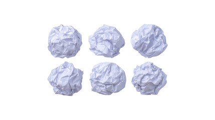 Fototapeta premium Six crumpled white paper balls arranged in two rows isolated on black background as a concept