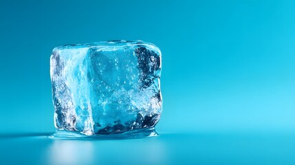 Obraz premium A Single Clear Ice Cube Melting on a Blue Background.