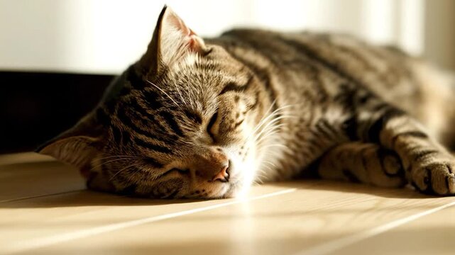 A close-up of a tabby cat resting peacefully on a wooden surface, bathed in sunlight