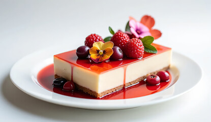 Cheesecake with red glaze, raspberries, fresh cherries, and edible flowers on white plate.