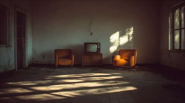 Abandoned Room with Vintage Television and Sunlight Patterns.