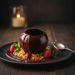 Chocolate sphere dessert with raspberry sauce, fresh raspberries, and cookie crumble. Gourmet sweet food