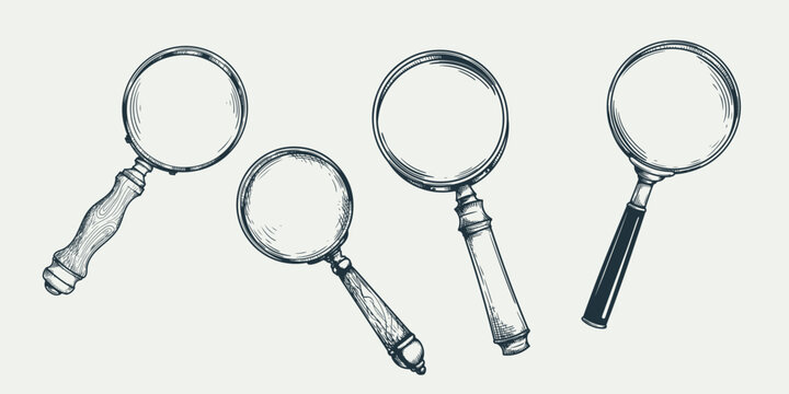 Hand drawn sketch style magnifying glass set. Investigation and research symblos in retro vintage style. Vector illustrations.